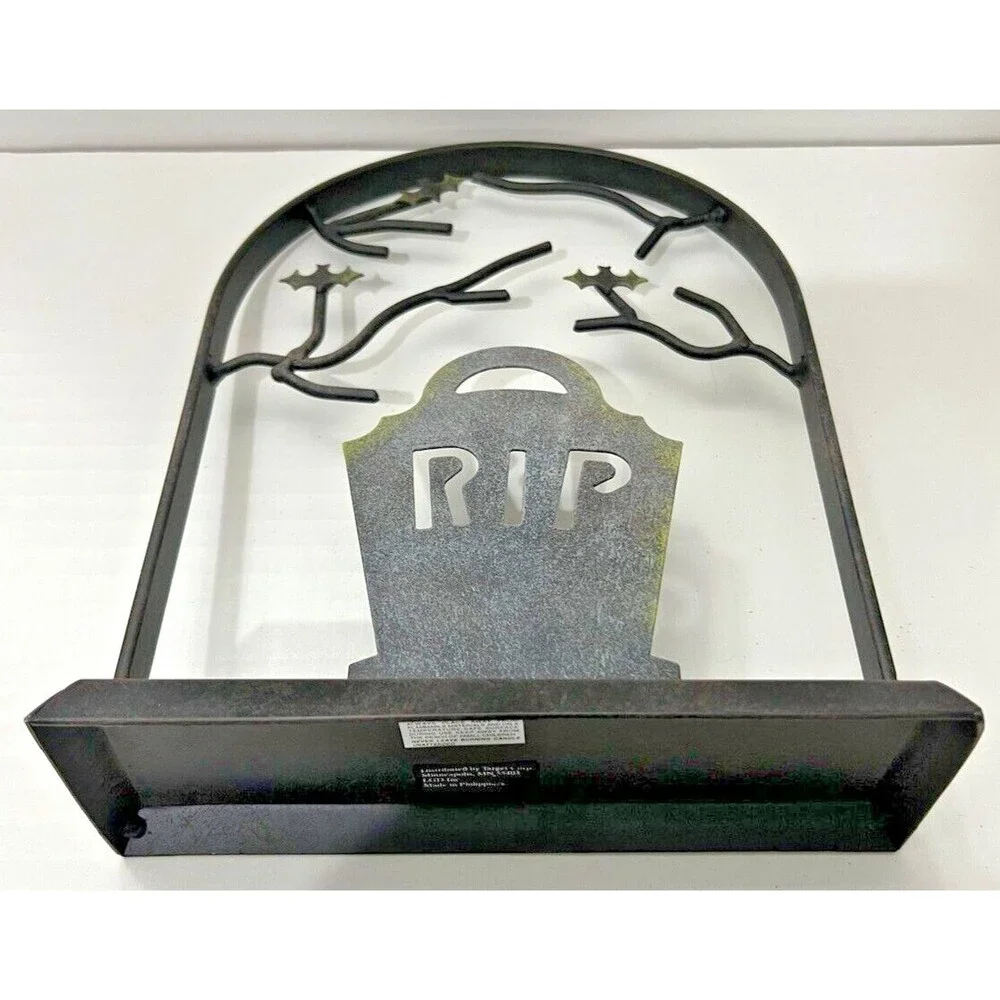 Metal Halloween RIP Tealight Candle Holder Black Tombstone Bats Graveyard Spooky